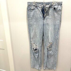 &Denim Jeans Women 14 Loose Straight High Waist Light Blue Wash Distress